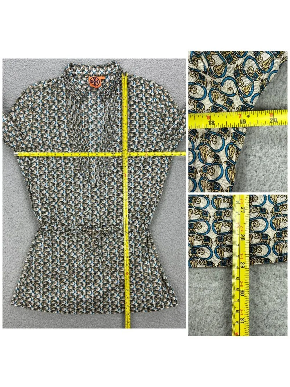 Tory Burch Top Womens 6 Beige Tunic Elephant Print Long Sleeve Blouse Shirt